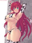 1girl ahoge animal_ears animal_print arms_up bangs bikini breasts cow_ears cow_print cow_tail cowboy_shot elbow_gloves eyebrows_visible_through_hair gloves green_eyes hair_between_eyes high_school_dxd highres horns large_breasts long_hair looking_at_viewer navel nottytiffy open_mouth print_bikini print_gloves print_legwear red_hair rias_gremory solo swimsuit tail thighhighs 