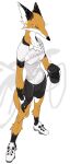  2020 anthro athletic beauty_mark bicycle bike_shorts bodily_fluids bottomwear canid canine clothing female footwear fox fur hi_res mammal orange_body orange_fur quququl shoes shorts simple_background sneakers solo sweat white_background white_body white_fur 