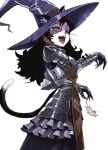  1girl absurdres animal_ears apron armor armored_dress black_fur black_hair cat cat_ears cat_girl cat_tail claws curly_hair fangs furry hat highres long_hair looking_at_viewer mouse slit_pupils tail toot white_fur witch_hat yellow_eyes 