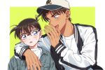  2boys :d arm_around_shoulder bangs baseball_cap black-framed_eyewear blue_eyes blue_jacket blush border brown_hair casual child commentary_request dark_skin dark_skinned_male denim denim_jacket edogawa_conan fingernails glasses green_background hair_between_eyes hand_up hat hattori_heiji jacket k_(gear_labo) letterman_jacket long_sleeves looking_at_another male_focus meitantei_conan multiple_boys open_clothes open_jacket open_mouth outside_border shirt short_hair side-by-side simple_background smile sweatdrop upper_body v-shaped_eyebrows white_border white_shirt 