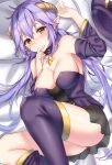  1girl bangs bare_shoulders bed black_skirt breasts cleavage collarbone copyright_request demon_girl demon_horns detached_sleeves horns large_breasts looking_at_viewer lying no_panties official_art on_back pointy_ears purple_hair skirt solo thighhighs thighs wasami_(a27678193a) yellow_eyes 