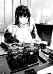  1girl absurdres bangs barbecue bare_shoulders black_hair bowl breasts chopsticks cleavage closed_mouth collarbone cup eating food highres lamp large_breasts long_hair looking_at_viewer meat monochrome naoko-san naoko_(9113419) original plate restaurant stone_wall stove table wall 