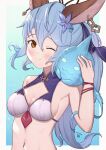  1girl ;) animal_ears armpits bangs bare_shoulders bikini blue_flower blue_hair blush breasts brown_eyes chain closed_mouth commentary_request ear_piercing eyebrows_visible_through_hair ferry_(granblue_fantasy) flower granblue_fantasy hair_between_eyes hair_flower hair_ornament hand_up highres long_hair medium_breasts navel one_eye_closed piercing smile solo swimsuit uneg upper_body very_long_hair white_bikini 
