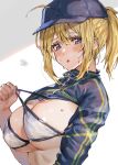  1girl :o ahoge amakaze artoria_pendragon_(all) baseball_cap bikini blonde_hair blue_eyes blue_headwear blush breasts cleavage fate/grand_order fate_(series) hat highres large_breasts looking_at_viewer mysterious_heroine_xx_(foreigner) open_mouth ponytail short_hair shrug_(clothing) sidelocks solo strap_lift sweat swimsuit underboob white_background white_bikini zipper_pull_tab 