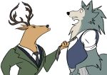  2021 anthro antlers beastars brown_body canid canine canis cervid cervine clothed clothing edtertainerd fur grey_body grey_fur group horn legoshi_(beastars) louis_(beastars) male mammal wolf 