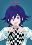  1boy absurdres bangs blue_hair checkered checkered_neckwear checkered_scarf commentary_request cross crossed_fingers danganronpa_(series) danganronpa_v3:_killing_harmony english_text finger_to_mouth gradient gradient_background hair_between_eyes highres index_finger_raised layered_sleeves long_sleeves looking_at_viewer male_focus ouma_kokichi purple_eyes purple_hair scarf short_hair solo straitjacket upper_body yeon-eo 