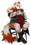  1boy 239_239 absurdres animal_ears arknights bara bare_shoulders brown_fur detached_sleeves dog_boy dog_ears fluffy full_body furry highres hung_(arknights) looking_to_the_side male_focus medium_hair milestone_celebration multicolored_hair muscular muscular_male on_chair sitting solo streaked_hair two-tone_fur white_fur 