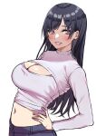  1girl bangs black_hair blush breasts cleavage cleavage_cutout clothing_cutout hands_on_hips highres large_breasts long_hair long_sleeves looking_at_viewer navel original pink_eyes shirt smile takocha white_shirt 