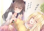  2girls antenna_hair blanket blonde_hair blurry blurry_background blush brown_hair closed_mouth collarbone hair_between_eyes hands_on_another&#039;s_chest japanese_clothes kimono long_hair long_sleeves motion_lines multiple_girls obi open_mouth red_eyes sash shirt sleeping touhoku_kiritan translation_request tsurumaki_maki voiceroid wide_sleeves yellow_shirt yonrayume zzz 