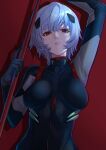  1girl ayanami_rei bangs blue_hair breasts evangelion:_3.0_you_can_(not)_redo eyebrows_visible_through_hair hair_ornament highres holding holding_lance holding_polearm holding_weapon lance lance_of_longinus looking_at_viewer lying medium_breasts mikan_(chipstar182) neon_genesis_evangelion on_back plugsuit polearm rebuild_of_evangelion red_background red_eyes short_hair solo upper_body weapon 