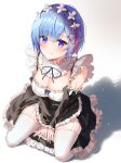  1girl absurdres apron bangs bare_shoulders between_legs black_dress blue_eyes blue_hair blush breasts cleavage closed_mouth collar commentary_request detached_sleeves dress frilled_collar frilled_dress frilled_sleeves frills from_above full_body garter_straps hair_ornament hair_over_one_eye hair_ribbon hand_between_legs highres kimae large_breasts long_sleeves looking_at_viewer maid maid_headdress medium_breasts pink_ribbon re:zero_kara_hajimeru_isekai_seikatsu rem_(re:zero) ribbon ribbon_trim roswaal_mansion_maid_uniform seiza short_hair sitting skindentation smile solo symbol_commentary thighhighs v_arms white_apron white_background white_legwear x_hair_ornament 