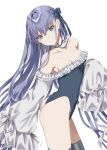  1girl ass bangs bare_shoulders blue_choker blue_eyes blue_leotard blue_ribbon breasts choker closed_mouth collarbone commentary covered_navel crossed_bangs expressionless fate/grand_order fate_(series) frilled_leotard frilled_sleeves frills from_side hair_ribbon head_tilt highres leotard long_hair long_sleeves meltryllis meltryllis_(swimsuit_lancer)_(fate) oshage_(user_kpsn5534) puffy_long_sleeves puffy_sleeves purple_hair ribbon sleeves_past_fingers sleeves_past_wrists small_breasts solo standing twisted_torso very_long_hair very_long_sleeves 