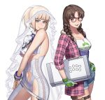  2girls alternate_hairstyle arcade_stick back-to-back bangs belt blonde_hair blue_eyes blunt_bangs braid breast_curtains breasts bridal_veil brown_eyes brown_hair cleavage clothing_cutout commentary commission controller cuffs denim denim_shorts english_commentary fingerless_gloves fingernails game_controller glasses gloves green_gloves hanny_(uirusu_chan) highleg highleg_panties highres hood hood_down joystick julia_chang lili_(tekken) looking_at_viewer loose_belt low_braid medium_breasts medium_hair multiple_girls navel navel_cutout official_alternate_costume panties plaid plaid_shirt red-framed_eyewear revealing_clothes revision shackles shirt short_ponytail shorts sleeves_rolled_up smile tekken tekken_7 thigh_pouch twin_braids underwear upper_teeth veil white_background 