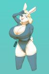  2021 anthro big_breasts blonde_hair blue_eyes bodysuit breast_squish breasts cleavage clothed clothing colored female hair hand_gesture hand_on_breast hi_res high_collar holding_breast huge_breasts kkoart lagomorph legwear leporid line_art mammal portrait rabbit shaded side_cut simple_background skinsuit smile solo squish thick_thighs thigh_highs three-quarter_portrait tight_clothing watermark 