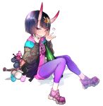  1girl alcohol bob_cut bottle commentary_request contemporary eyeliner fate/grand_order fate_(series) headpiece highres horns kanro_ame_(ameko) looking_at_viewer makeup oni oni_horns pants pink_sweater purple_hair purple_pants sake sake_bottle short_hair shuten_douji_(fate/grand_order) skin-covered_horns smile solo sweater under_the_same_sky 