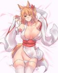  1girl animal_ear_fluff animal_ears arms_up bangs bare_shoulders bed bed_sheet blush bow breasts brown_eyes cleavage closed_mouth collarbone commentary_request detached_sleeves eyebrows_visible_through_hair fox_ears fox_girl fox_tail from_above hair_between_eyes hair_bow hair_ornament japanese_clothes large_breasts long_hair looking_at_viewer lying navel nipple_slip nipples obi on_back orange_hair original panties panties_aside red_bow red_sash sash sawaya_(mizukazu) simple_background solo tail thighhighs underwear white_legwear white_panties wide_sleeves 