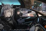  2girls animal_ear_fluff animal_ears arknights bangs black_gloves black_hair black_jacket brown_eyes car car_interior character_doll city commentary_request driving fingerless_gloves gloves grey_eyes ground_vehicle hair_between_eyes hair_ornament hairclip highres holding holding_tablet_pc jacket lappland_(arknights) long_hair long_sleeves meganeno_dokitsui motor_vehicle multiple_girls night open_mouth penguin_logistics_logo pointing scar scar_across_eye silver_hair tablet_pc texas_(arknights) white_gloves white_jacket wolf_ears 