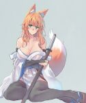  1girl animal_ear_fluff animal_ears bangs bare_shoulders black_legwear blush breasts cleavage closed_mouth commentary_request detached_sleeves eyebrows_visible_through_hair flip-flops fox_ears fox_girl fox_tail green_eyes grey_background hair_between_eyes holding holding_sword holding_weapon japanese_clothes katana large_breasts long_hair looking_at_viewer off_shoulder orange_hair original sandals sash sawaya_(mizukazu) simple_background sitting smile solo sword tail thighhighs weapon 