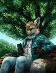  2020 anthro bench black_nose canid canine cellphone cup day detailed detailed_background dipstick_tail fox holding_cellphone holding_cup holding_object holding_phone kippycube light lighting male mammal multicolored_tail outside phone plant sitting smile solo tree whiskers 