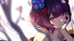  1girl bangs bare_shoulders blue_eyes blush breasts closed_mouth fate/grand_order fate_(series) hair_ornament hairpin highres japanese_clothes katsushika_hokusai_(fate/grand_order) kimono large_breasts looking_at_viewer off_shoulder petals purple_hair short_hair spider_apple 