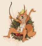  anthro bow_(weapon) canid canine clothing convenient_censorship disney edtropolis fox fur hat headgear headwear hi_res looking_at_viewer male mammal mostly_nude open_mouth open_smile ranged_weapon robin_hood robin_hood_(disney) simple_background smile solo weapon white_body white_fur 