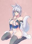  1girl animal_ear_fluff animal_ears bangs bare_shoulders beige_background black_legwear blue_sash blush breasts cleavage closed_mouth collarbone commentary_request detached_sleeves ear_piercing eyebrows_visible_through_hair fox_ears fox_girl fox_tail green_eyes hair_between_eyes hands_on_own_chest japanese_clothes large_breasts long_hair looking_at_viewer mole mole_on_breast navel nipples no_panties obi original piercing sash sawaya_(mizukazu) silver_hair simple_background sitting solo stomach tail thighhighs wet wet_clothes 
