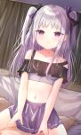  1boy 1girl bangs bare_shoulders bed_sheet black_ribbon blush collarbone commentary_request crop_top curtains eyebrows_visible_through_hair hair_ribbon highres indoors midriff navel original parted_lips pleated_skirt purple_eyes purple_hair purple_skirt ribbon skirt solo_focus strap_slip tsukiman two_side_up 