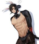  1boy abs alternate_costume animal_ears au_ra bara bare_pecs beard black_male_underwear bound bound_wrists bow bowtie brown_hair brown_legwear bulge bunny_ears cowboy_shot demon_boy demon_horns demon_tail dragon_boy dragon_horns dragon_tail facial_hair final_fantasy final_fantasy_xiv head_tilt highres horns leaning_to_the_side looking_at_viewer male_focus meme_attire muscular muscular_male navel nipples pectorals red_eyes reverse_bunnysuit reverse_outfit saseum_(deerdidiff) scales short_hair shrug_(clothing) solo stomach tail thick_thighs thighhighs thighs 