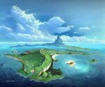  beach blue_sky building cliff cloud day english_commentary fantasy from_above grass highres island mountain no_humans ocean original rock sand satoru_wada scenery signature sky town tree water 