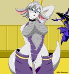  absurd_res anthro blue_eyes blush bodily_fluids breasts buster_blader buster_whelp_of_the_destruction_swordsman camel_toe choker dragon duo featureless_breasts female genital_fluids grey_hair hair hand_behind_head hi_res horn jewelry looking_at_viewer male male/female navel necklace pussy_juice scalie sheecktor 