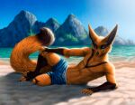  2020 anthro backlighting beach biped black_body black_fur blue_eyes canid canine ceylis claws clothed clothing day detailed_background finger_claws fingerless_(marking) fox fur gloves_(marking) inner_ear_fluff kippycube leg_markings light lighting looking_at_viewer lying male mammal markings mountain on_side orange_body orange_fur outside pupils sand sea seaside shadow signature slit_pupils smile socks_(marking) solo swimming_trunks swimwear toe_claws toeless_(marking) topless tuft water 