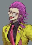  1boy bangs bespectacled black_shirt braid collared_shirt commentary_request danganronpa_(series) danganronpa_2:_goodbye_despair formal glasses grey_background hair_slicked_back highres jacket looking_at_viewer male_focus nanin necktie official_alternate_costume open_mouth pink_eyes pink_hair pink_neckwear round_eyewear sharp_teeth shirt short_hair simple_background single_braid smile solo souda_kazuichi teeth tongue tongue_out upper_body yellow_jacket 