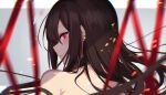 1girl arm_strap back bare_shoulders black_dress blush brown_hair choker closed_mouth consort_yu_(fate) dress earrings fate/grand_order fate_(series) highres jewelry long_hair looking_back multiple_earrings red_eyes spider_apple very_long_hair 