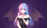  1girl :d absurdres bare_shoulders black_dress blue_hair blush breasts choker collarbone commentary demon_girl demon_horns demon_wings dress finger_to_own_chin frilled_sleeves frills hair_ribbon heart highres horns long_hair looking_at_viewer medium_breasts multicolored_eyebrows multicolored_hair open_mouth original pink_hair pink_ribbon purple_background purple_eyes ribbon sarin_(seoling) short_sleeves smile solo two-tone_hair wings 