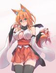  1girl animal_ear_fluff animal_ears bangs bare_shoulders black_legwear black_scarf blush breasts cleavage closed_mouth commentary_request detached_sleeves duplicate eyebrows_visible_through_hair fox_ears fox_girl fox_tail green_eyes hair_between_eyes holding holding_ribbon japanese_clothes large_breasts looking_at_viewer obi orange_hair original panties red_ribbon red_sash red_skirt ribbon sash sawaya_(mizukazu) scarf simple_background skirt smile solo standing tail thighhighs underwear white_background white_panties 