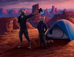  ailurid anthro barefoot binoculars biped bottomwear canyon clothed clothing dasyuromorph duo fully_clothed holding_object kippycube larger_male light lighting looking_at_another male mammal marsupial outside pants red_panda shirt signature size_difference smile standing tent thylacine topwear 