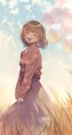  1girl balloon blonde_hair blue_sky blush closed_eyes cloud dress grass grey_dress highres holding holding_balloon ilis_0226 long_sleeves medium_hair open_mouth original outdoors plant red_sweater sky smile solo standing sweater 