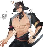  1boy abs assisted_exposure au_ra bara bare_pecs beard blush brown_hair bulge bursting_pecs character_request chibi chibi_inset cowboy_shot demon_boy demon_horns demon_tail dragon_boy dragon_horns dragon_tail facial_hair final_fantasy final_fantasy_xiv highres horns male_focus muscular muscular_male navel nipples open_clothes open_shirt pectorals red_eyes saseum_(deerdidiff) scales short_hair solo_focus stomach tail thick_thighs thighs undressing_another 