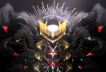  black_background chromatic_aberration commentary copyright_name english_commentary english_text gen_4_pokemon giratina giratina_(origin) gradient gradient_background highres iogi_(iogi_k) legendary_pokemon looking_at_viewer neon_trim no_humans pokemon pokemon_(creature) red_eyes simple_background solo spikes straight-on upper_body 
