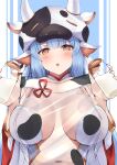  1girl animal_ears animal_print bangs bare_shoulders bikini blue_hair blush bottle breasts cleavage cow_ears cow_girl cow_hat cow_horns cow_print detached_collar detached_sleeves draph ear_piercing granblue_fantasy haido_(ryuuno_kanzume) highres horns large_breasts long_hair looking_at_viewer milk_bottle navel open_mouth piercing pointy_ears shatola_(granblue_fantasy) sheer_clothes swimsuit thighs white_bikini wide_sleeves yellow_eyes 