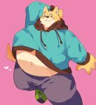  0119_muu 2021 anthro belly bottomwear brown_body brown_fur bulge canid canine canis clothing domestic_dog fur hi_res hoodie kemono male mammal one_eye_closed overweight overweight_anthro overweight_male pants simple_background solo topwear wink 
