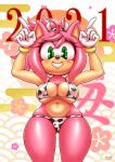  2021 amy_rose anthro big_breasts bikini breasts cleavage clothed clothing cowkini eulipotyphlan female gloves green_eyes handwear hedgehog hi_res looking_at_viewer mammal michiyoshi midriff navel pink_body smile solo sonic_the_hedgehog_(series) swimwear thick_thighs tight_clothing wide_hips 