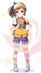  1girl backpack bag bangs blue_shorts blush brown_eyes brown_hair closed_mouth commentary_request eyebrows_visible_through_hair female_protagonist_(new_pokemon_snap) full_body hand_on_hip highres holding jacket legwear_under_shorts nekono_rin new_pokemon_snap orange_jacket pantyhose photodex ponytail puffy_short_sleeves puffy_sleeves shoes short_shorts short_sleeves shorts smile solo standing striped striped_legwear visor_cap white_footwear white_headwear wristband 