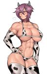  1girl abs absurdres anger_vein animal_print artist_name bikini blue_eyes blush breasts collar collarbone cow_horns cow_print cowboy_shot elbow_gloves embarrassed english_commentary eyebrows_visible_through_hair fake_horns gloves hair_between_eyes hand_on_hip highres horns large_breasts maya_(roadi3) muscular muscular_female navel original purple_hair roadi3 scar scar_on_face scar_on_nose short_hair solo standing sweatdrop swimsuit thighhighs twitter_username white_background 