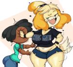  &lt;3 2021 animal_crossing anthro band-aid bandage big_breasts bottomwear breasts canid canine canis cleavage clothed clothing collar domestic_dog duo english_text female hand_on_hip hi_res human isabelle_(animal_crossing) mammal nintendo open_mouth purple_yoshi_draws sharp_teeth shih_tzu shirt short_stack shorts tailwag teeth text text_on_clothing text_on_shirt text_on_topwear thick_thighs topwear toy_dog video_games villager_(animal_crossing) wide_hips 