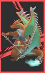  10:16 absurd_res anthro biped border charizard claws clothing dragon finger_claws green_wings grey_background hi_res katana lowl machine male melee_weapon membrane_(anatomy) membranous_wings nintendo pok&eacute;mon pok&eacute;mon_(species) red_border rocket semi-anthro simple_background solo spikes spikes_(anatomy) sword teeth toe_claws video_games weapon wing_spikes wings 