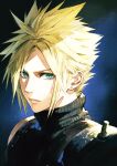  1boy armor blonde_hair blue_eyes close-up cloud_strife commentary_request dark_background final_fantasy final_fantasy_vii final_fantasy_vii_remake highres jewelry jun_(seojh1029) looking_at_viewer short_hair shoulder_armor single_earring sleeveless solo spiked_hair sweater turtleneck 