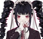  1girl bangs black_hair black_jacket bonnet celestia_ludenberg collared_shirt covering_mouth danganronpa:_trigger_happy_havoc danganronpa_(series) drill_hair earrings face frills gothic_lolita hairband hand_over_own_mouth jacket jewelry lolita_fashion long_hair long_sleeves looking_at_viewer necktie portrait red_eyes shirt simple_background smile solo sudan_73_p twin_drills twintails upper_body white_background white_shirt 