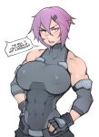  ! ... 1girl abs absurdres anger_vein artist_name bare_shoulders blush breasts covered_collarbone covered_navel english_text eyebrows_visible_through_hair fingerless_gloves gloves hair_between_eyes hands_on_hips highres large_breasts looking_at_viewer maya_(roadi3) muscular muscular_female original purple_hair roadi3 scar scar_on_face scar_on_nose short_hair silver_eyes solo speech_bubble spoken_anger_vein teeth tongue twitter_username white_background 