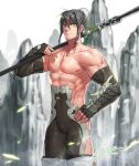  1boy abs bangs bara bare_pecs bare_shoulders black_bodysuit black_hair bodysuit bulge bun_cover chinese_clothes covered_navel detached_sleeves eyebrows_visible_through_hair facial_hair fate/grand_order fate_(series) genderswap genderswap_(ftm) green_eyes hand_on_hip hip_vent holding holding_lance holding_polearm holding_weapon jin_(sirius-j) lance looking_at_viewer male_focus medium_hair muscular muscular_male navel navel_hair nipples over_shoulder pectorals polearm qin_liangyu_(fate) side_slit sidelocks skin_tight solo stomach stubble thick_thighs thighs weapon weapon_over_shoulder 